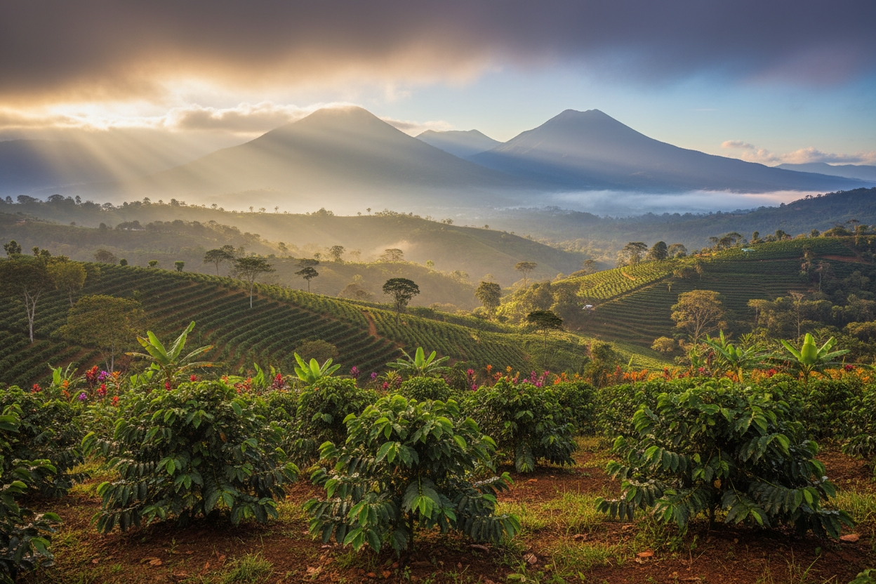 A stunning cinematic view of boquete highlands in Panama where the coffee farms are, photo realistic style, professional magazine quality